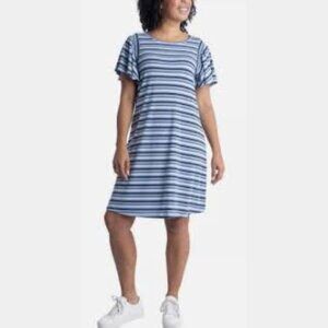 NWT Ecothreads Women’s T-Shirt Dress L Blue Striped Short Sleeve Recycled Knit